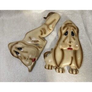 Pair of Vintage Sad Eyed Basset Hound Dog 3D Wall Plaques